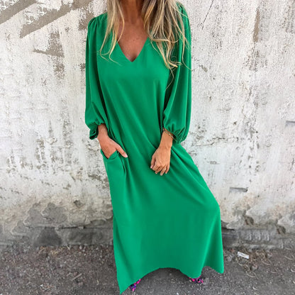 🔥Hot Sale 50% OFF🔥V-neck Solid Color Lantern Sleeve Dress
