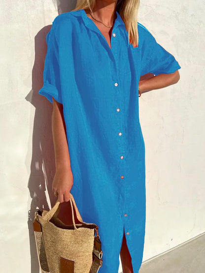 Women Elegant Casual Loose Half Sleeve Button Down Front Half Sleeve Cotton Linen Dress