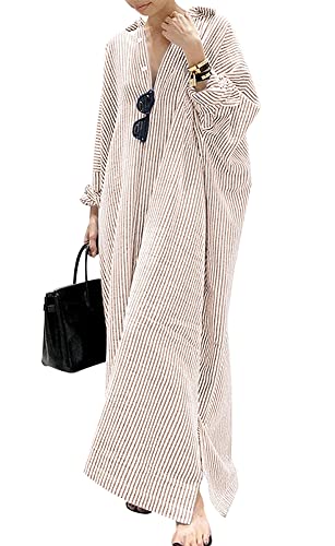 Women's Casual Long Sleeve Button Down Loose Striped Cotton Maxi Shirt Dress