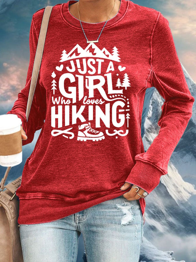 Women's Just A Girl Who Loves Hiking Print Round Neck Sweatshirt
