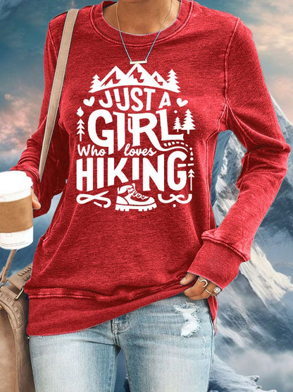 Women's Just A Girl Who Loves Hiking Print Round Neck Sweatshirt
