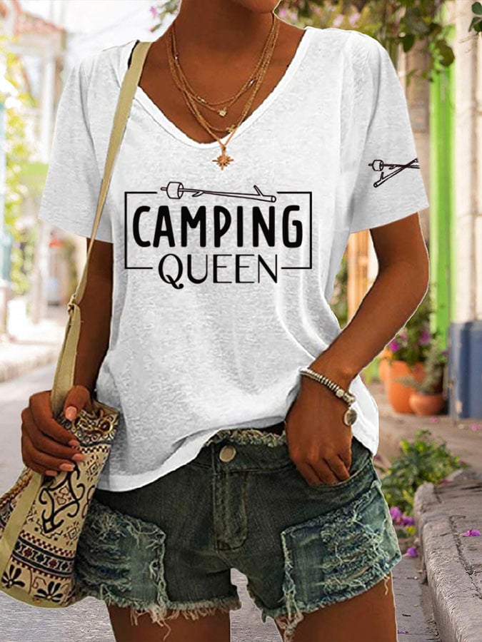 Women's Camping Queen Nature Lover Printed V-Neck Short Sleeve T-Shirt
