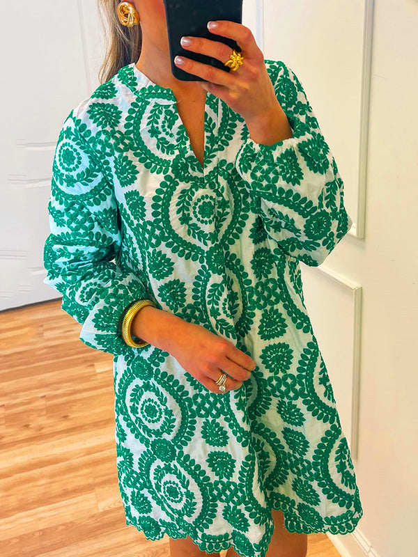 NEW🔥 Printed Lace Trim V Neck Shirt Dress