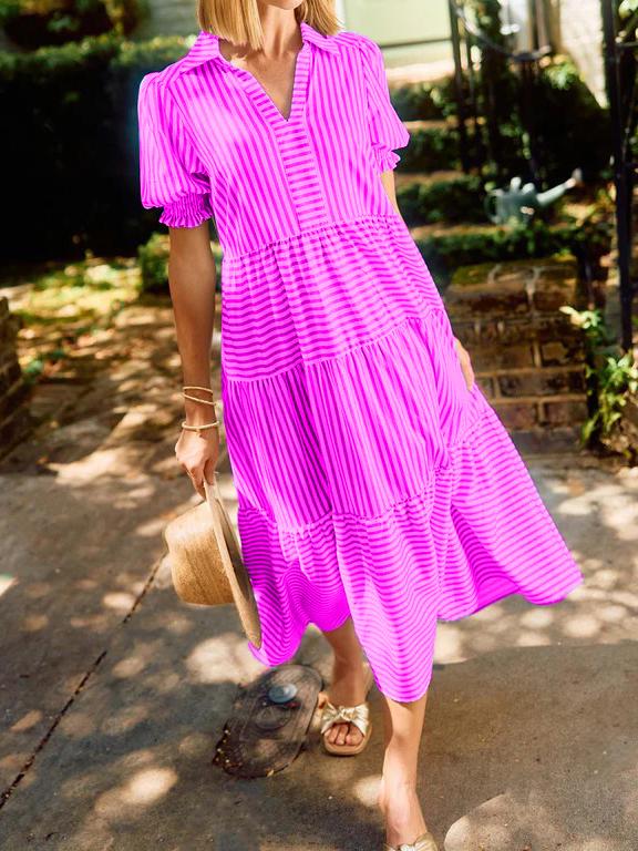 NEW🔥 V-Neck Pleated Short Sleeve Striped Shirt Dress