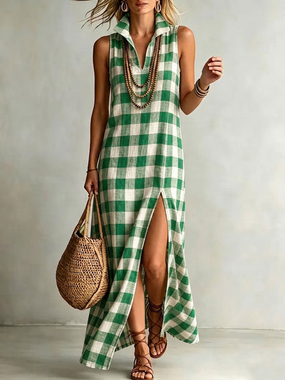 High-quality cotton-linen checkered print dress with a stand-up collar