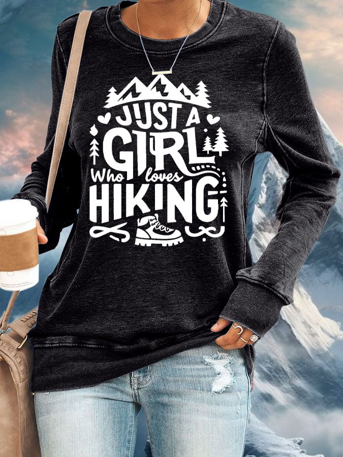 Women's Just A Girl Who Loves Hiking Print Round Neck Sweatshirt