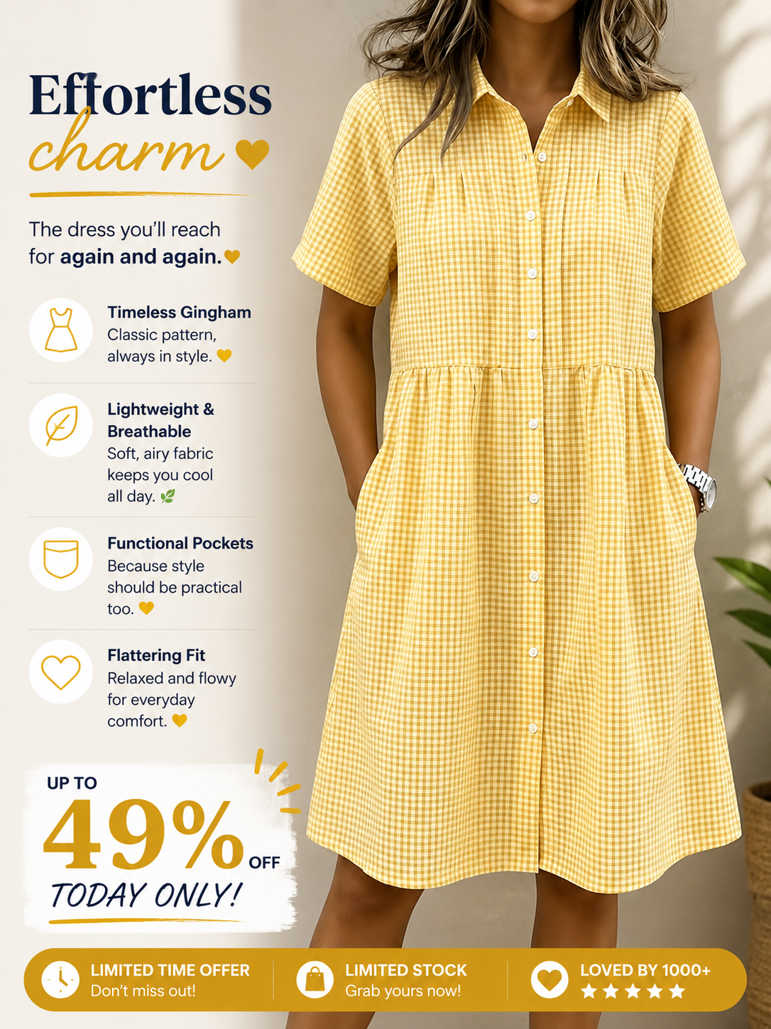 Today 49% off🔥Women's Cotton Linen Gingham Button-Up Shirt Dress