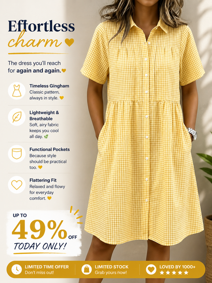 Today 49% off🔥Women's Cotton Linen Gingham Button-Up Shirt Dress