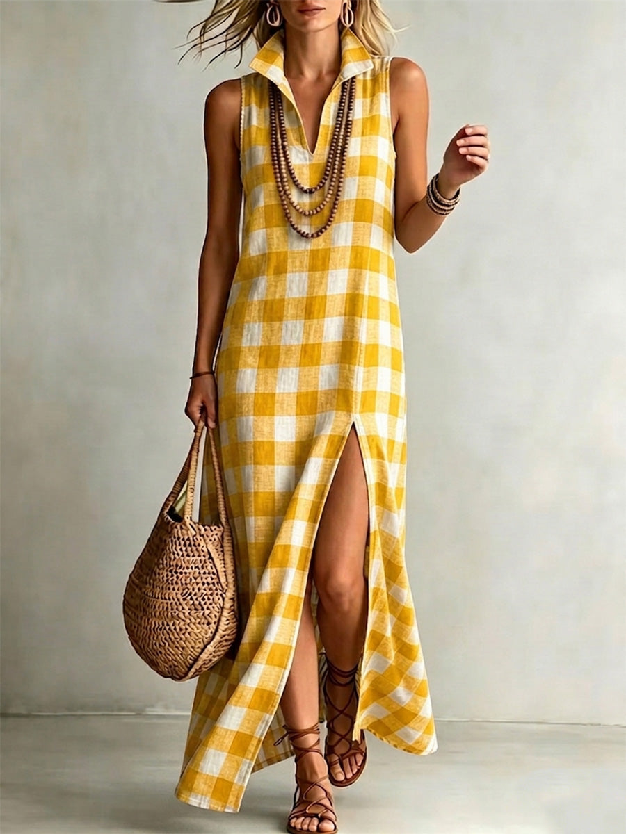 High-quality cotton-linen checkered print dress with a stand-up collar
