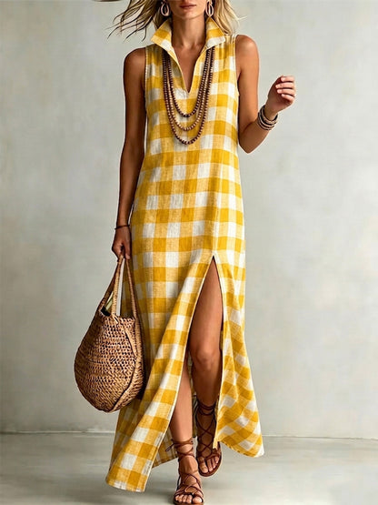 High-quality cotton-linen checkered print dress with a stand-up collar