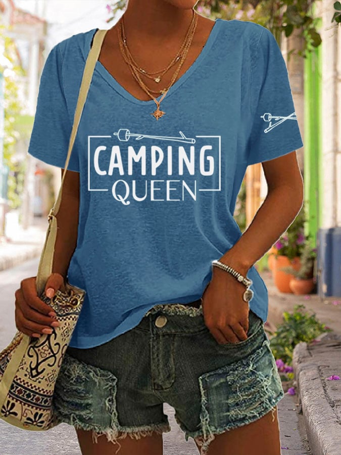 Women's Camping Queen Nature Lover Printed V-Neck Short Sleeve T-Shirt