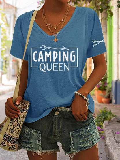 Women's Camping Queen Nature Lover Printed V-Neck Short Sleeve T-Shirt