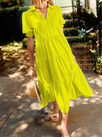 NEW🔥 V-Neck Pleated Short Sleeve Striped Shirt Dress