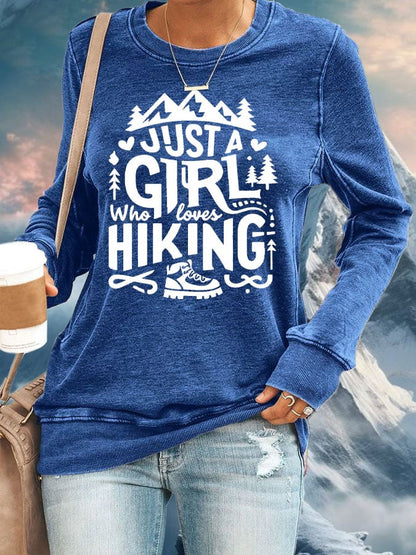 Women's Just A Girl Who Loves Hiking Print Round Neck Sweatshirt