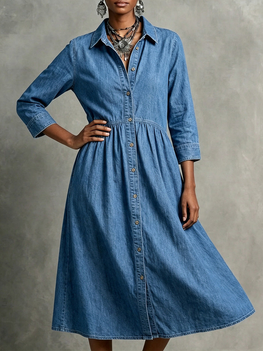 CLEARANCE🔥 Vintage-Inspired Button Front Denim Midi Dress