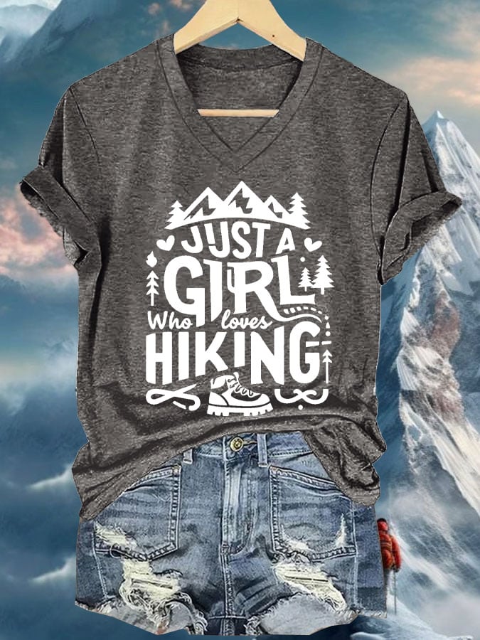 Women's Just A Girl Who Loves Hiking Printed V Neck T-Shirt