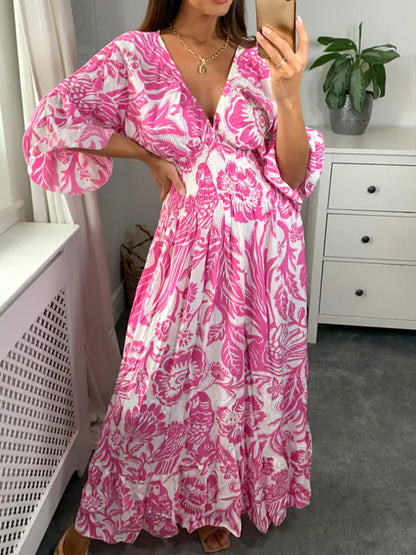 NEW🔥 V Neck Elastic Waist Printed Dress