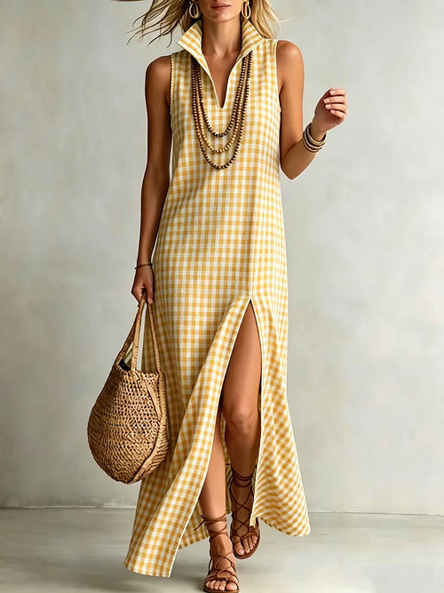 Elegant cotton-linen checkered print dress with a stand-up collar