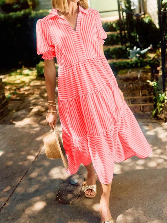NEW🔥 V-Neck Pleated Short Sleeve Striped Shirt Dress