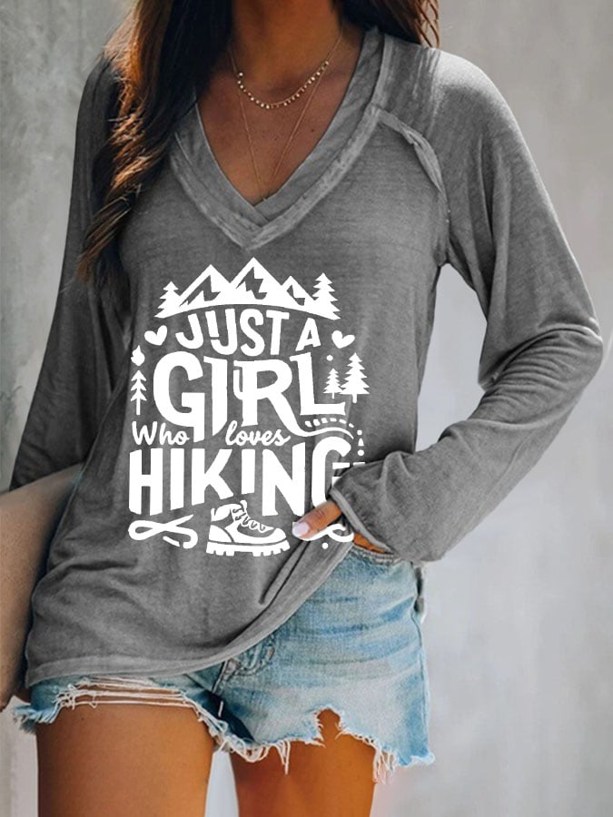 Women's Just A Girl Who Loves Hiking Print V Neck T-Shirt