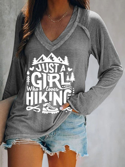 Women's Just A Girl Who Loves Hiking Print V Neck T-Shirt