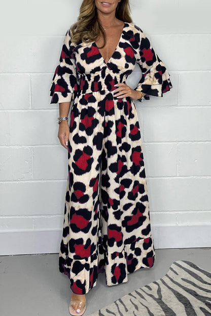 Hot Sale🔥 Women's Leopard Print Elastic Waist Casual Wide Leg Jumpsuit