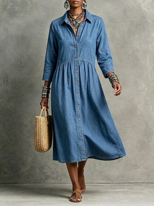 CLEARANCE🔥 Vintage-Inspired Button Front Denim Midi Dress