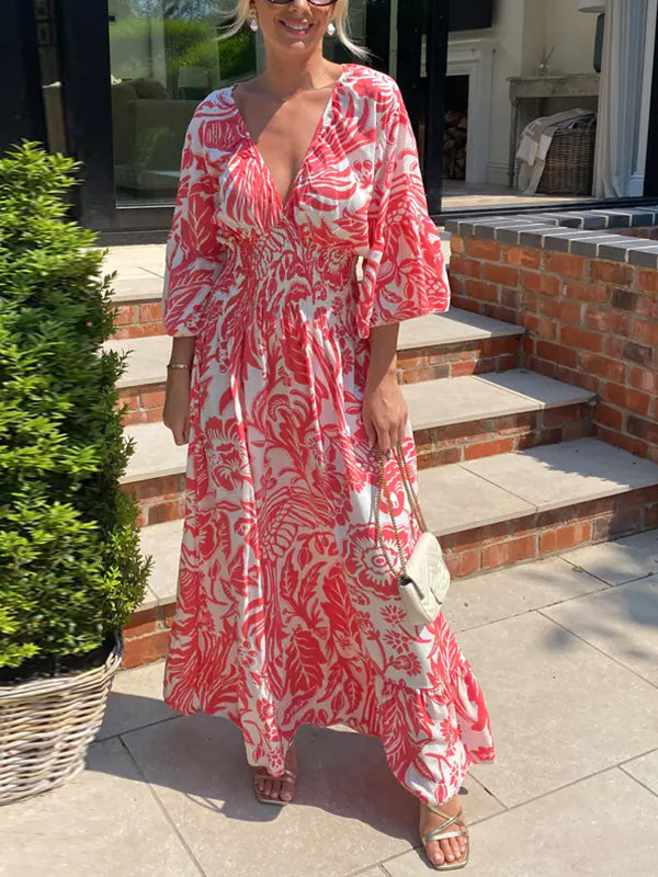 NEW🔥 V Neck Elastic Waist Printed Dress