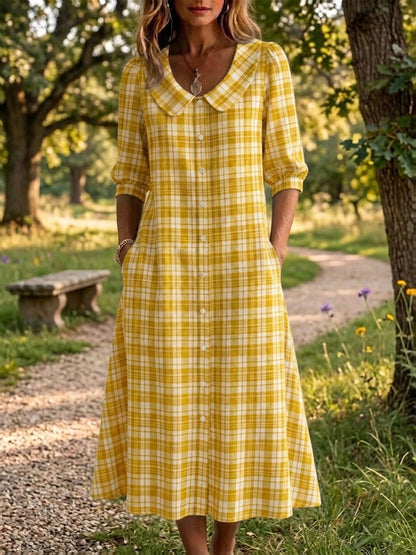 Clearance Sale🔥 Women's Retro Peter Pan Collar Stripe Print Cotton Linen Dress