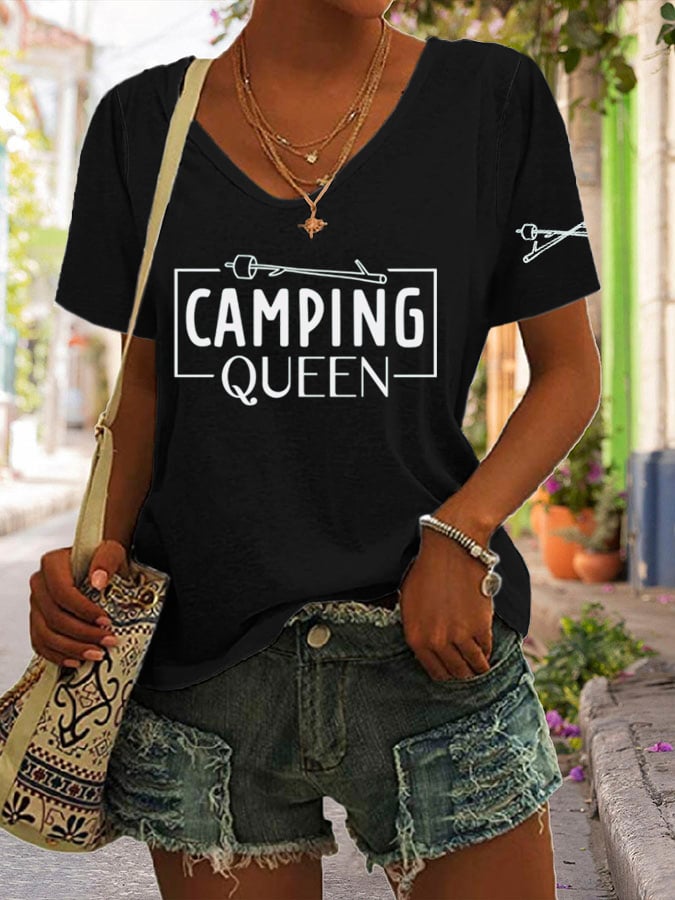Women's Camping Queen Nature Lover Printed V-Neck Short Sleeve T-Shirt