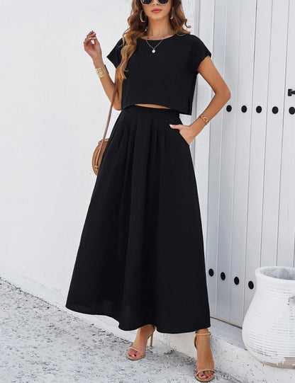 2025 Summer Skirt Sets Women 2 Piece Outfits Cap Sleeve Top Elastic Waist Maxi Dress Sets with Pockets