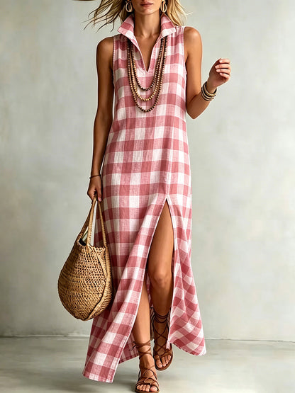 High-quality cotton-linen checkered print dress with a stand-up collar