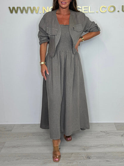 CLEARANCE🔥 Linen Smocked Dress With Over Jacket Two-piece Set