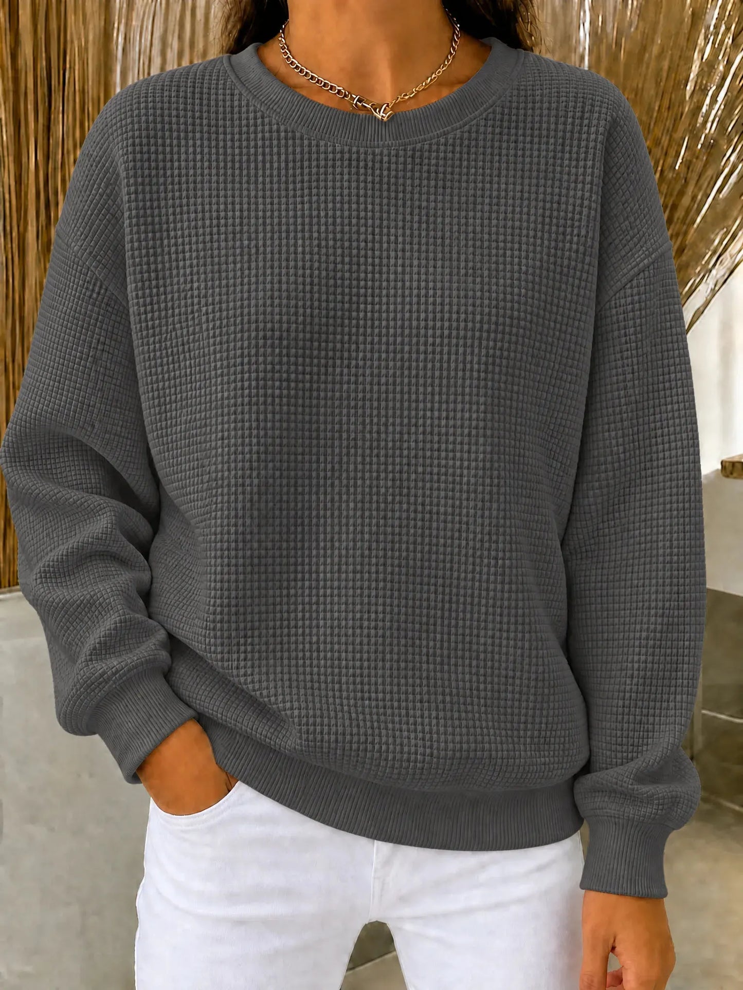 BUY 2 FREE SHIPPING🔥Women's Waffle Knit Crewneck Sweatshirt