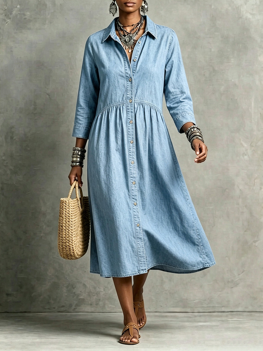 CLEARANCE🔥 Vintage-Inspired Button Front Denim Midi Dress
