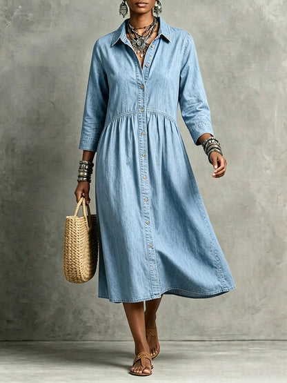 CLEARANCE🔥 Vintage-Inspired Button Front Denim Midi Dress