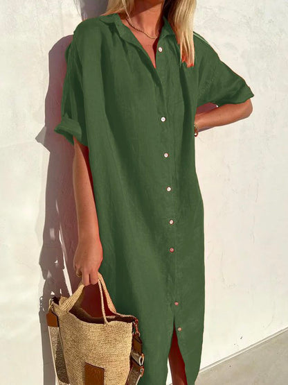 Women Elegant Casual Loose Half Sleeve Button Down Front Half Sleeve Cotton Linen Dress