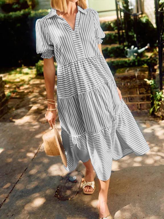 NEW🔥 V-Neck Pleated Short Sleeve Striped Shirt Dress
