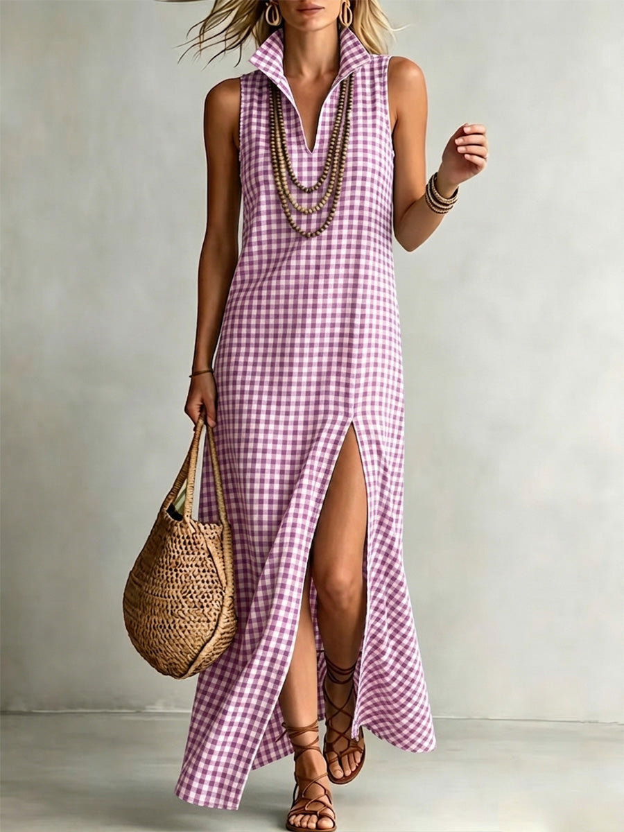 Elegant cotton-linen checkered print dress with a stand-up collar