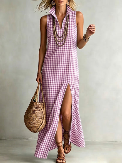 Elegant cotton-linen checkered print dress with a stand-up collar
