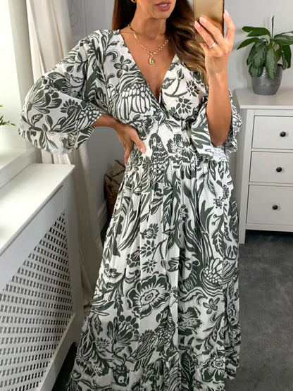 NEW🔥 V Neck Elastic Waist Printed Dress