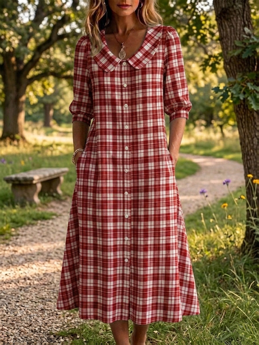 Clearance Sale🔥 Women's Retro Peter Pan Collar Stripe Print Cotton Linen Dress