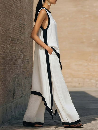 New Arrivals🔥 Casual Color Block Irregular Craftsmanship Crew Neck Blouse And Wide-leg Pant Linen Two-piece Set