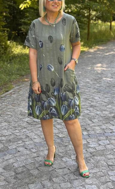CLEARANCE🔥Women's Round Neck Pocket Tulip Pattern Cotton and Linen Dress