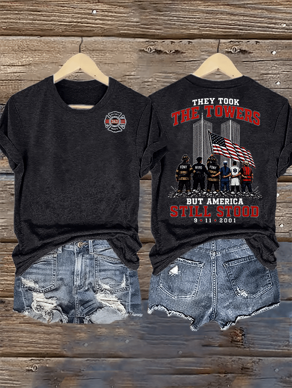 Women's BUT AMERICA STILL STOOD Print Crew-Neck T-Shirt
