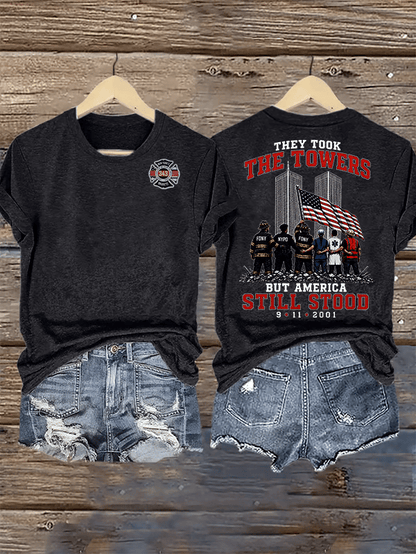 Women's BUT AMERICA STILL STOOD Print Crew-Neck T-Shirt