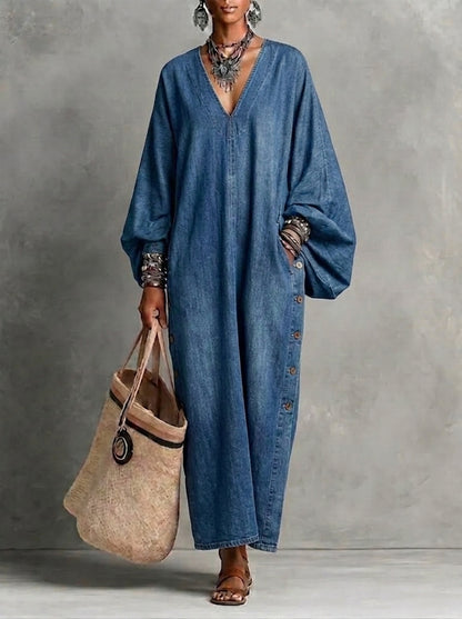 HOT SALE🌸 Women’s Casual V-neck Button Denim Dress