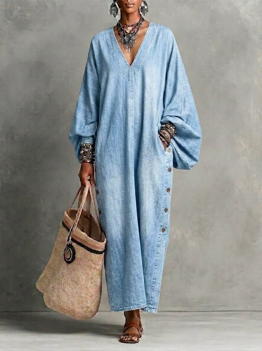 HOT SALE🌸 Women’s Casual V-neck Button Denim Dress